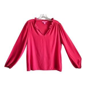 LILLY PULITZER Women's XS GIANA Silk Blouse Ruffle Collar V-Neck Long Sleeve 36"